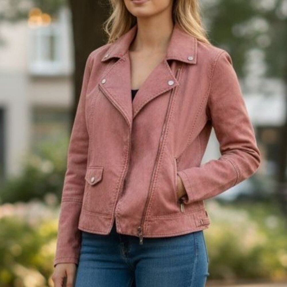 MAX JEANS Pink Washed Tencel Moto Jacket Faux Suede Asymmetrical Zip Size S